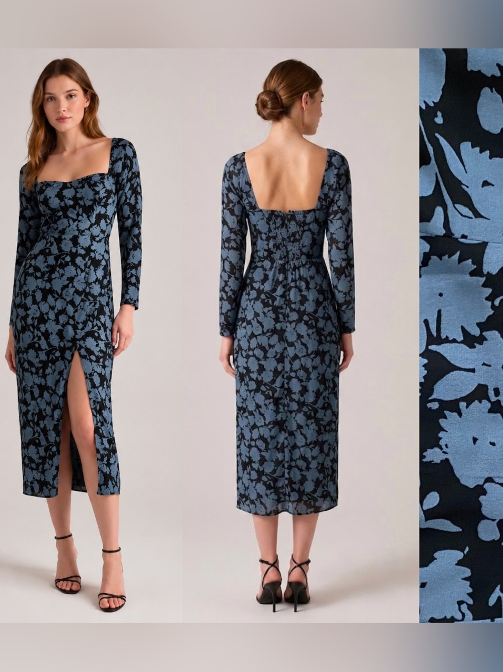 A&F Long Sleeve Midi Dress Smocked Floral Black Blue Sweetheart Wedding Preppy S